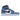 Ein weiß-blauer High-Top-Sportschuh in University Blue mit schwarzen Akzenten und einem schwarzen Nike-Swoosh-Logo, das an das kultige Design des Air Jordan 1 High University Blue von Nike erinnert.