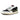 Ein einzelner Nike Air Jordan 1 Low x Travis Scott Olive (w) Sneaker mit weißen Schnürsenkeln, einer Zehenkappe aus schwarzem Wildleder, olivgrünen und weißen Einsätzen und einem roten Logo-Etikett auf weißem Hintergrund.
