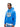 Eine Person, die den blauen NoByStanders Never "B" Patch Hoodie mit der Aufschrift "We'll never be those kids again" trägt, steht vor einem schlichten weißen Hintergrund.