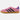 Ein rosa Adidas Gazelle Indoor Bliss Pink Purple-Sneaker mit schwarzen Streifen, einer Gummisohle und blauen und goldenen Akzenten zeigt hochwertige Qualität.